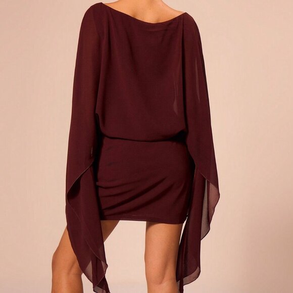 rich brown Party Women's Boat Neck Draped Sleeve Slouch Mini Dress - Picture 2 of 5